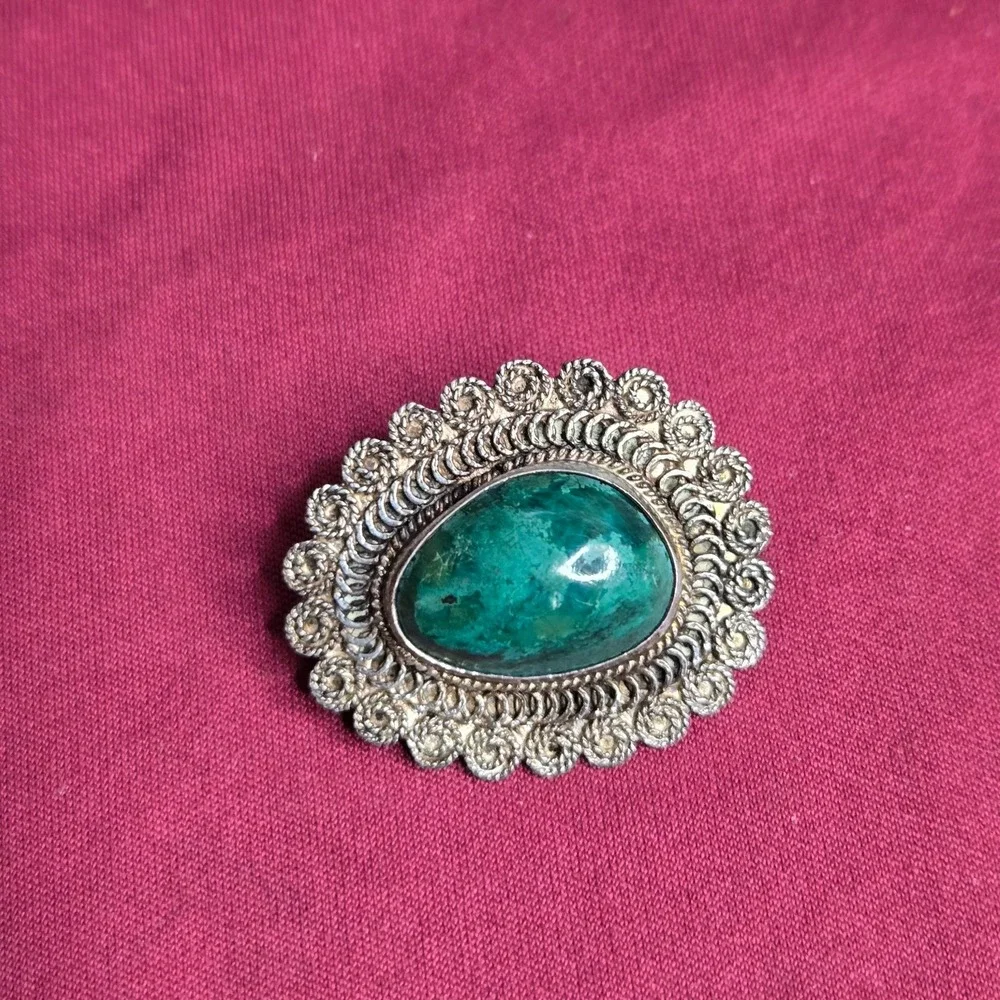 Vintage 925 Sterling Silver Filigree Malachite Cabochon Brooch Pin & Pendant 5G